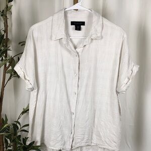 Tahari Collared Button-Up Relaxed Linen Cotton Blend Short Sleeve Shirt SzM (T5)